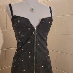 Black Denim Star Studded A Line Moto Mini Dress